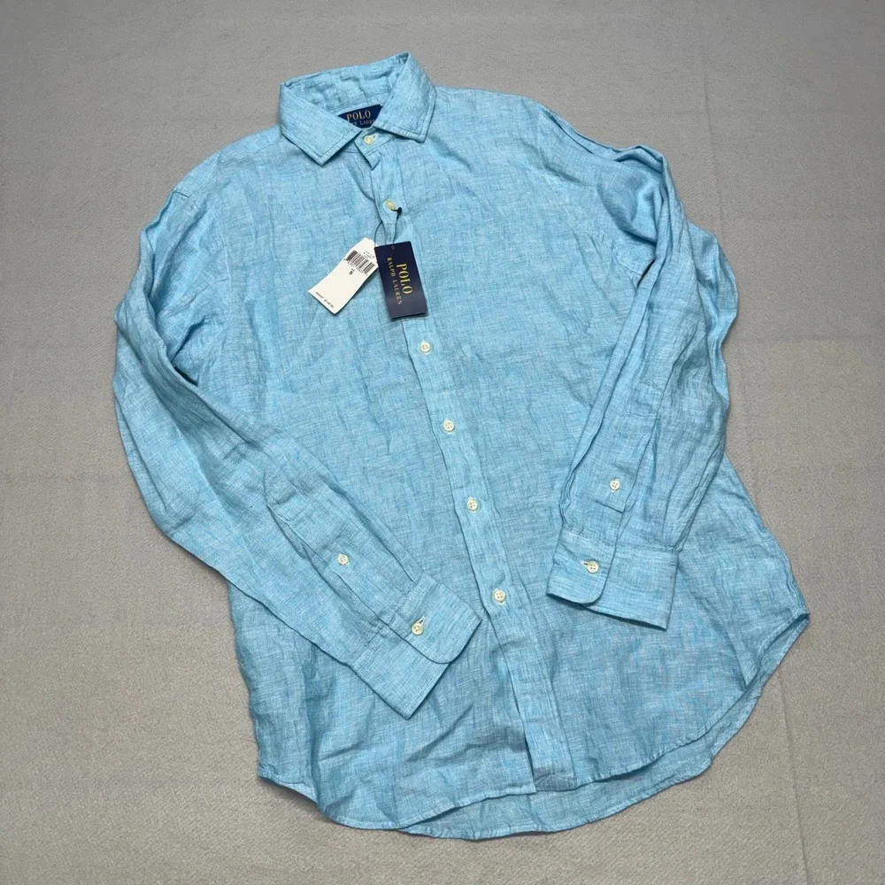 Polo Ralph Lauren Men Small Blue Linen Button Up Shirt Classic Fit Long Sleeve